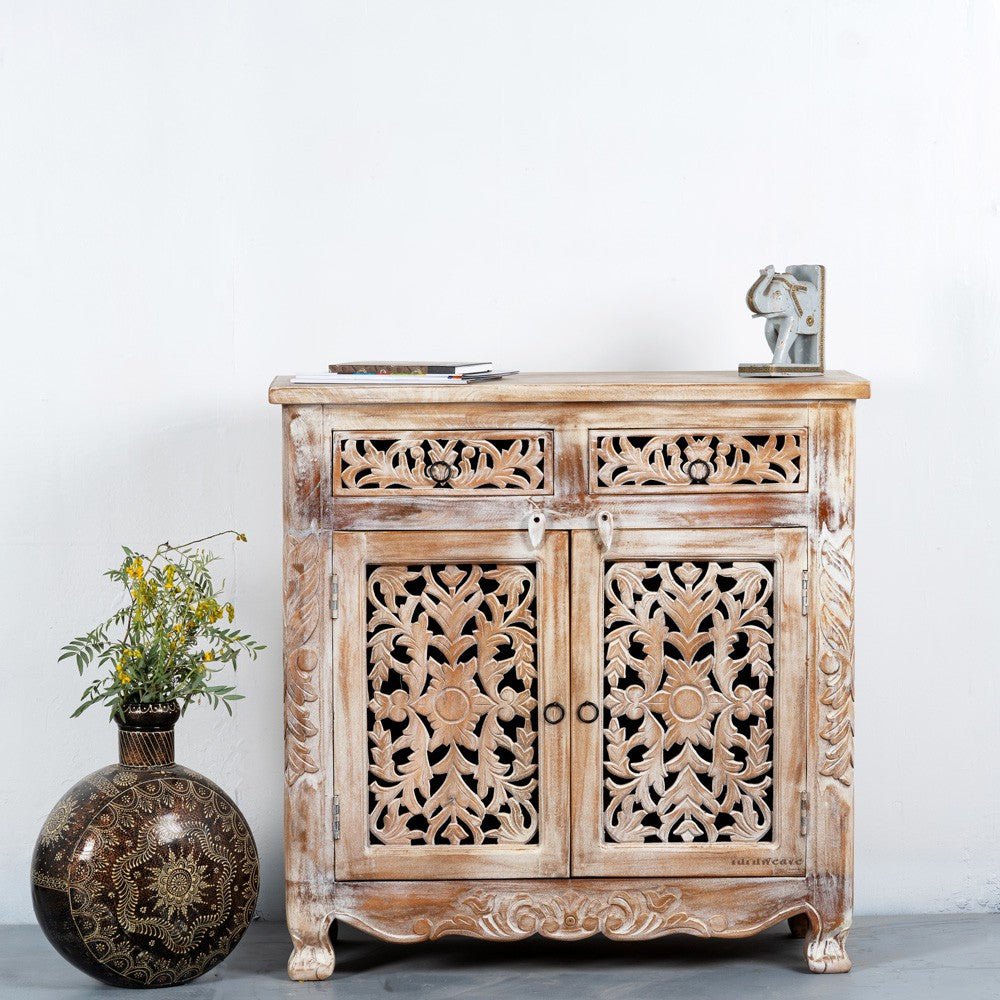 Spive Wooden Carved Cabinet with Drawers (White Distress)