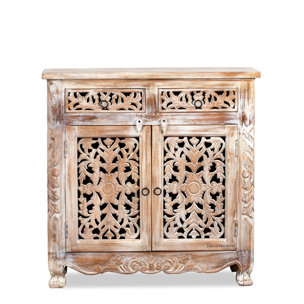 Spive Wooden Carved Cabinet with Drawers (White Distress)