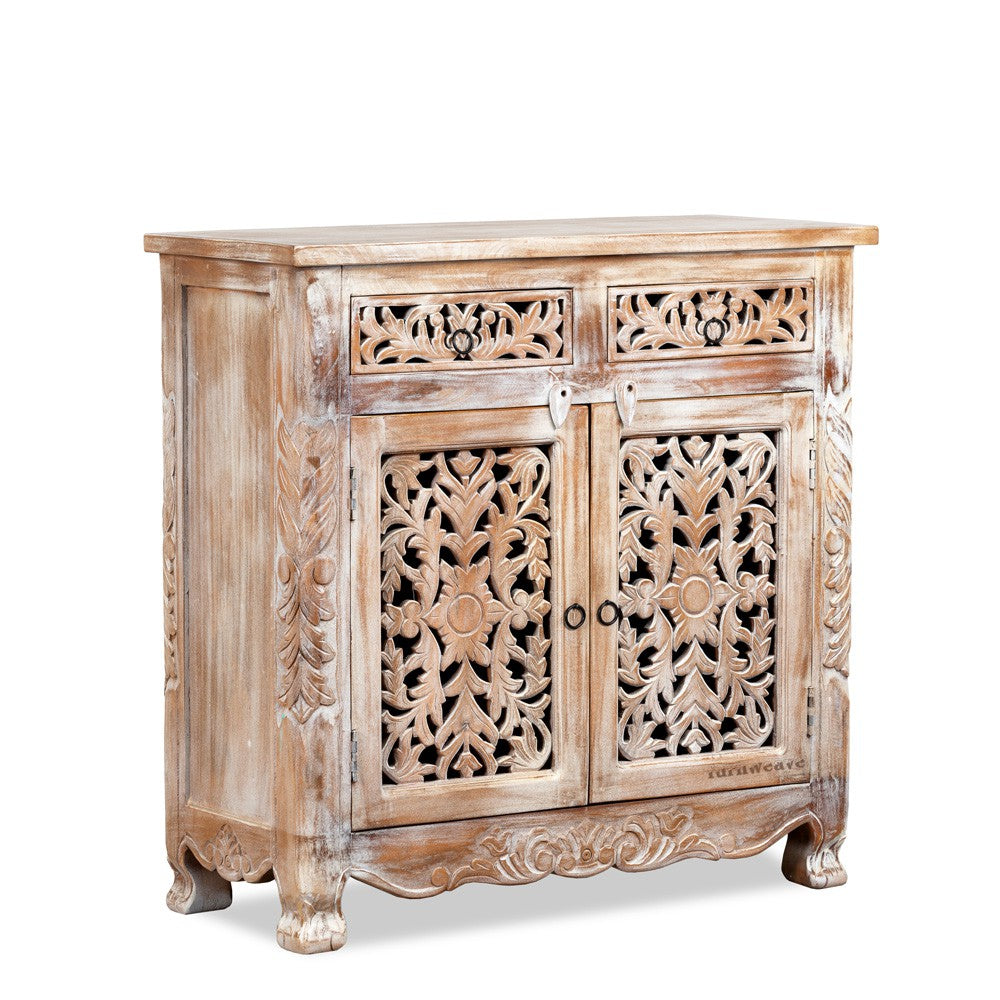 Spive Wooden Carved Cabinet with Drawers (White Distress)