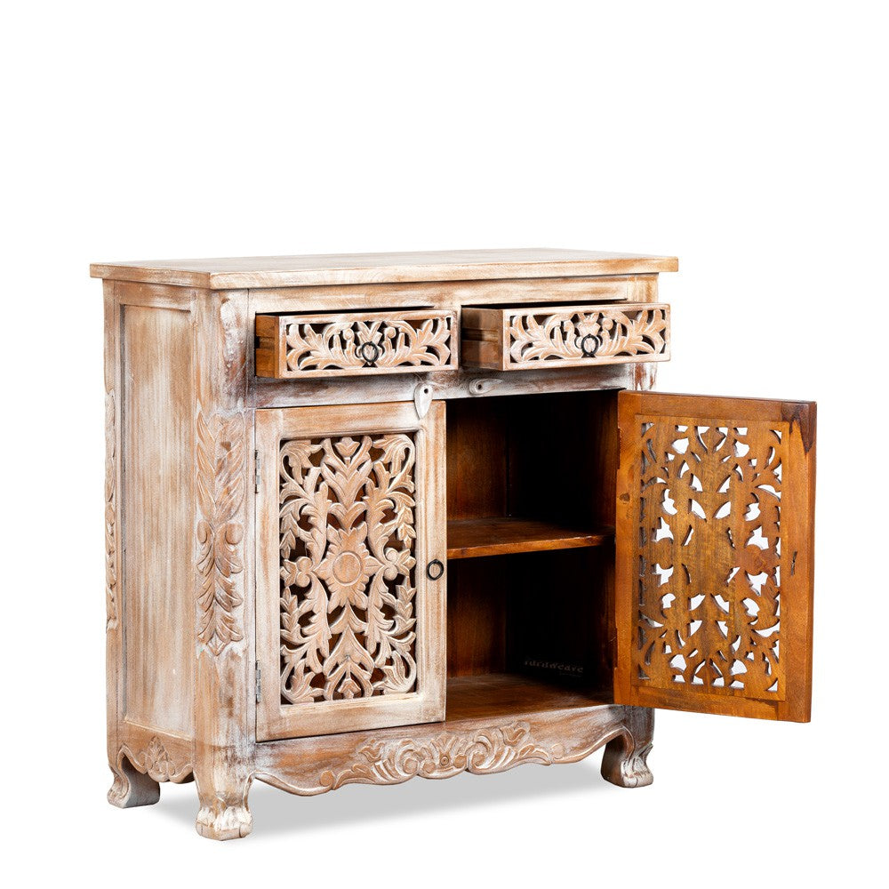 Spive Wooden Carved Cabinet with Drawers (White Distress)