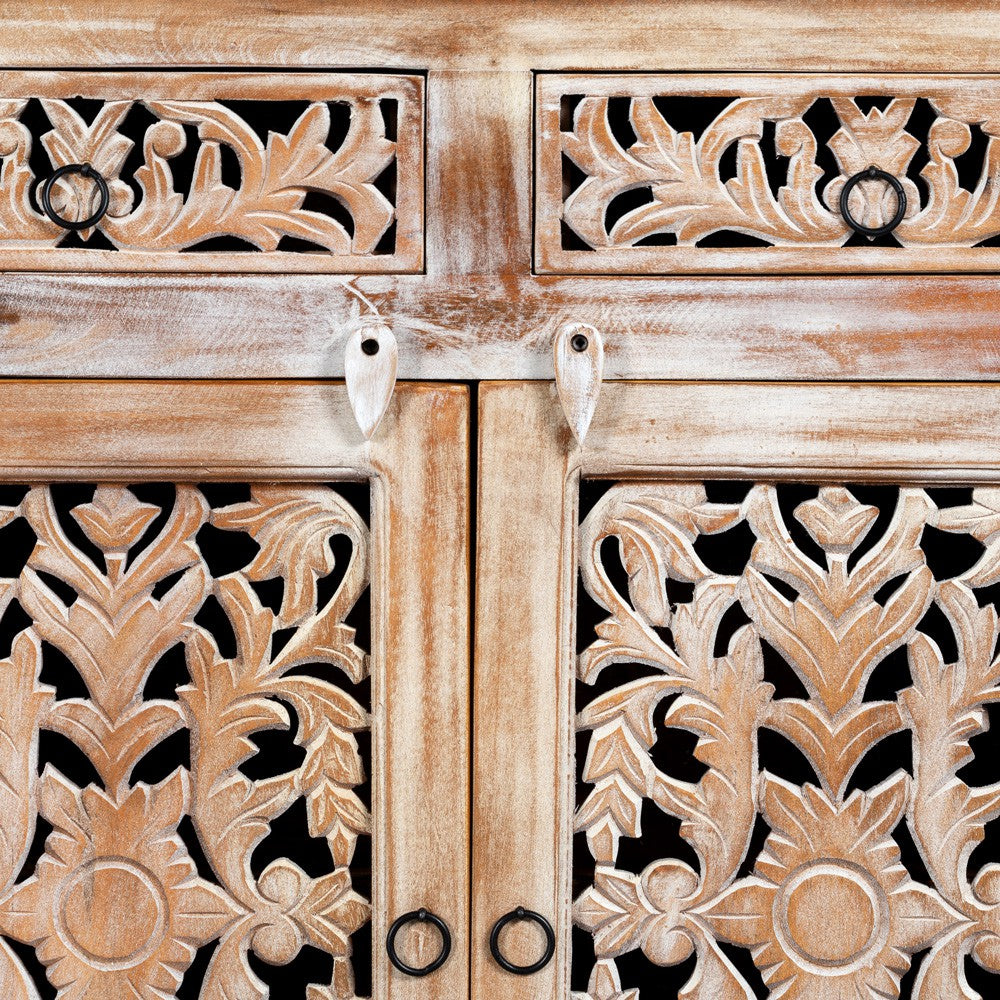 Spive Wooden Carved Cabinet with Drawers (White Distress)