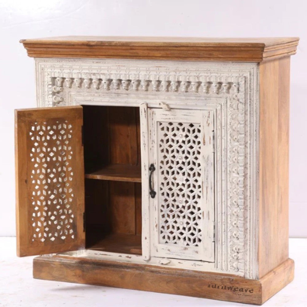 Eupera Wooden Carved Antique Cabinet (White Brown Distress)