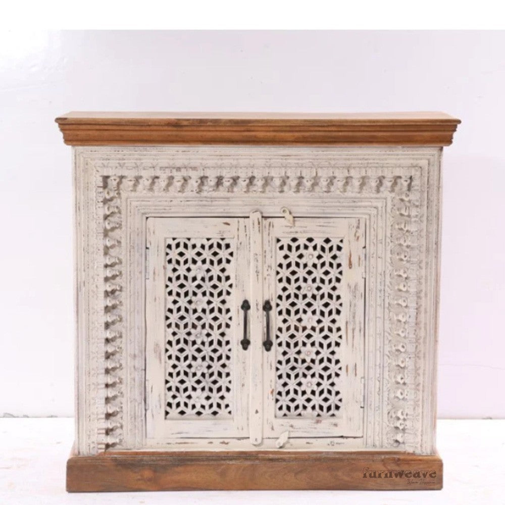 Eupera Wooden Carved Antique Cabinet (White Brown Distress)