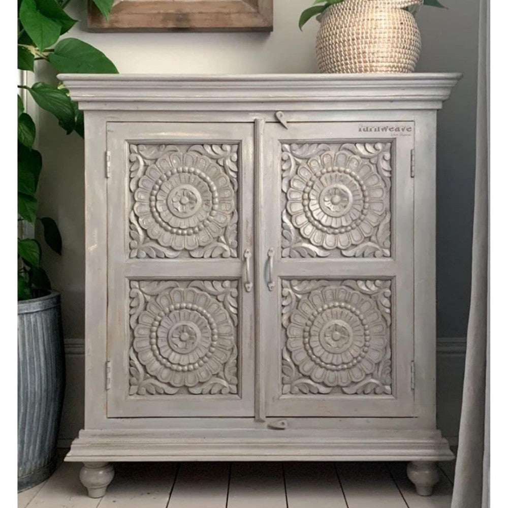 Greiv Wooden Carved Cabinet for Storage (Grey)