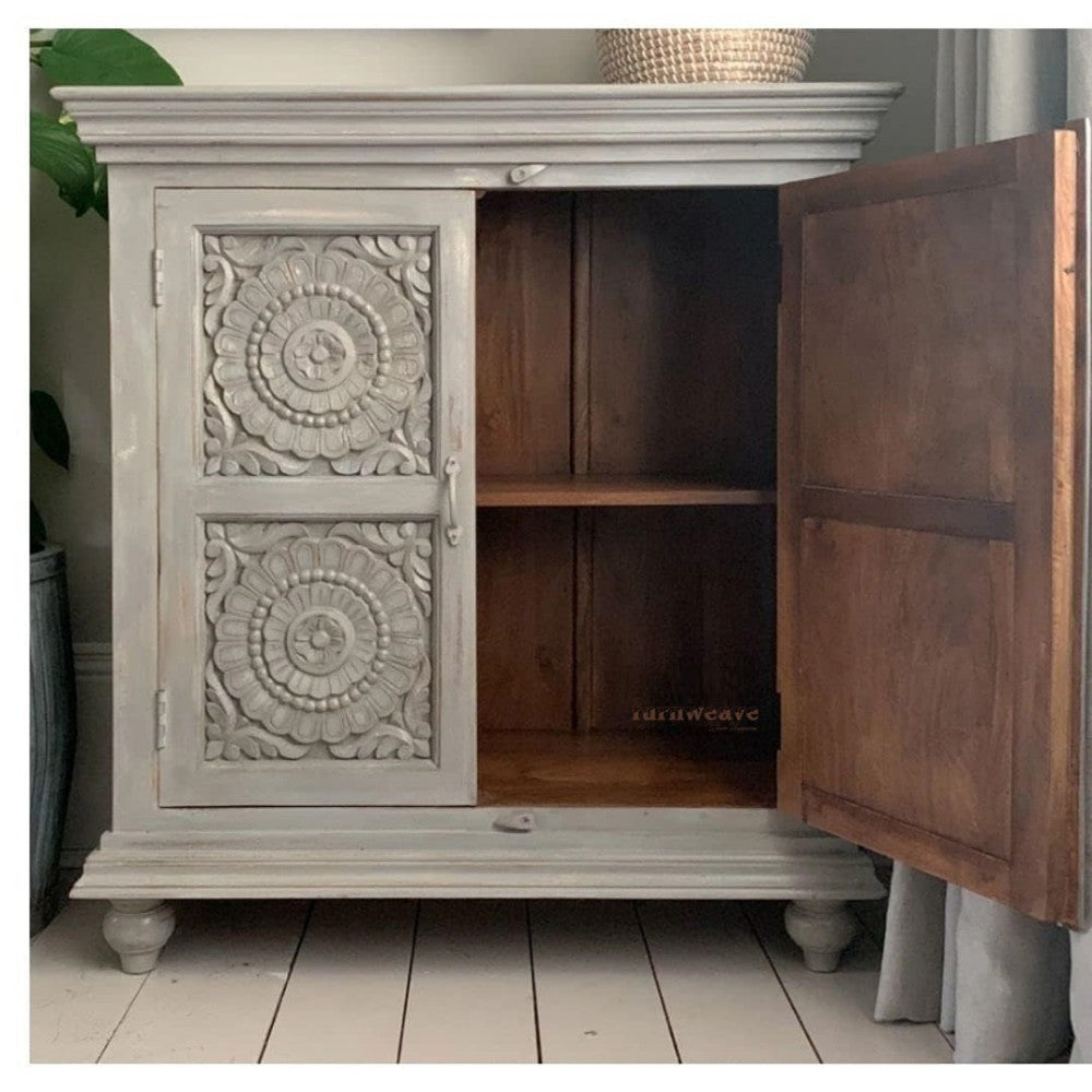 Greiv Wooden Carved Cabinet for Storage (Grey)