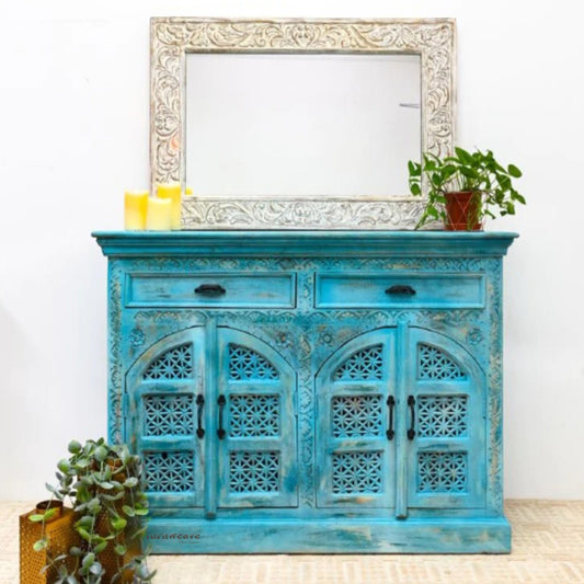 Lookea Wooden Carved Storage Cabinet with Mirror (Blue Distress) | wooden dressing table online | Furnweave