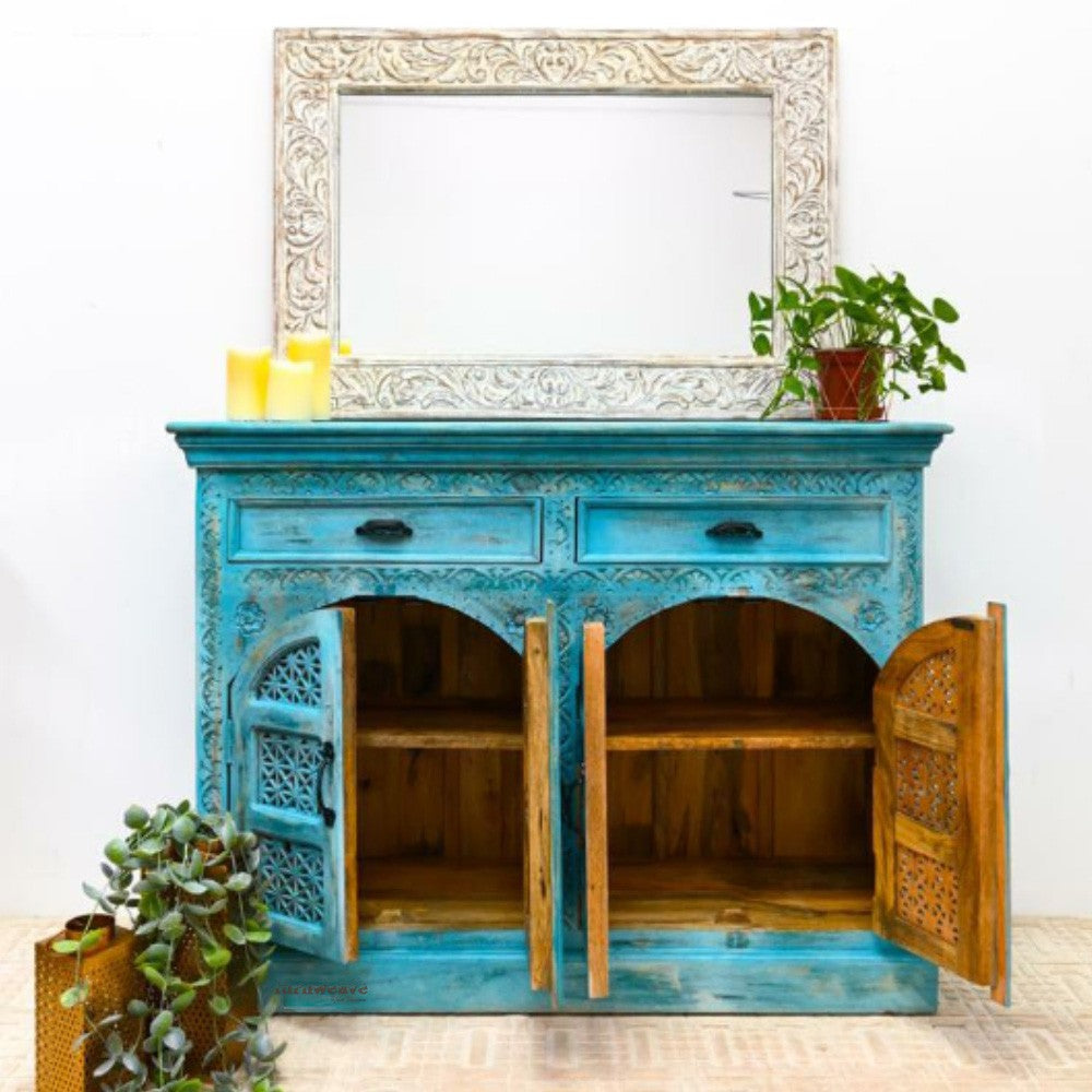 Lookea Wooden Carved Storage Cabinet  (Blue Distress)