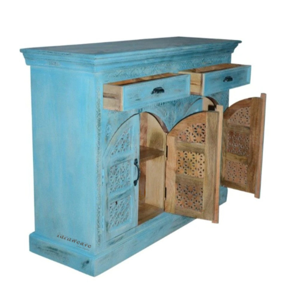 Lookea Wooden Carved Storage Cabinet  (Blue Distress)