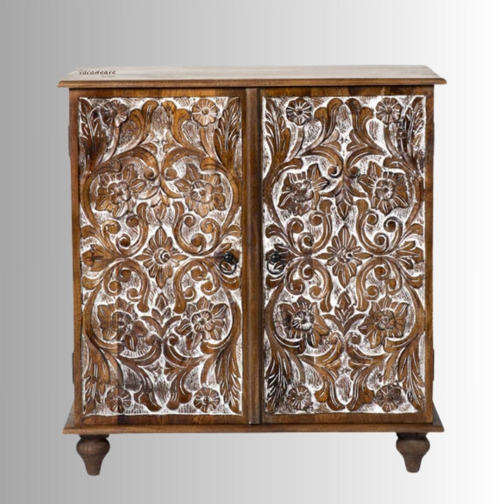 Riwaz Wooden Carved Two Door Cabinet (Brown Distress)