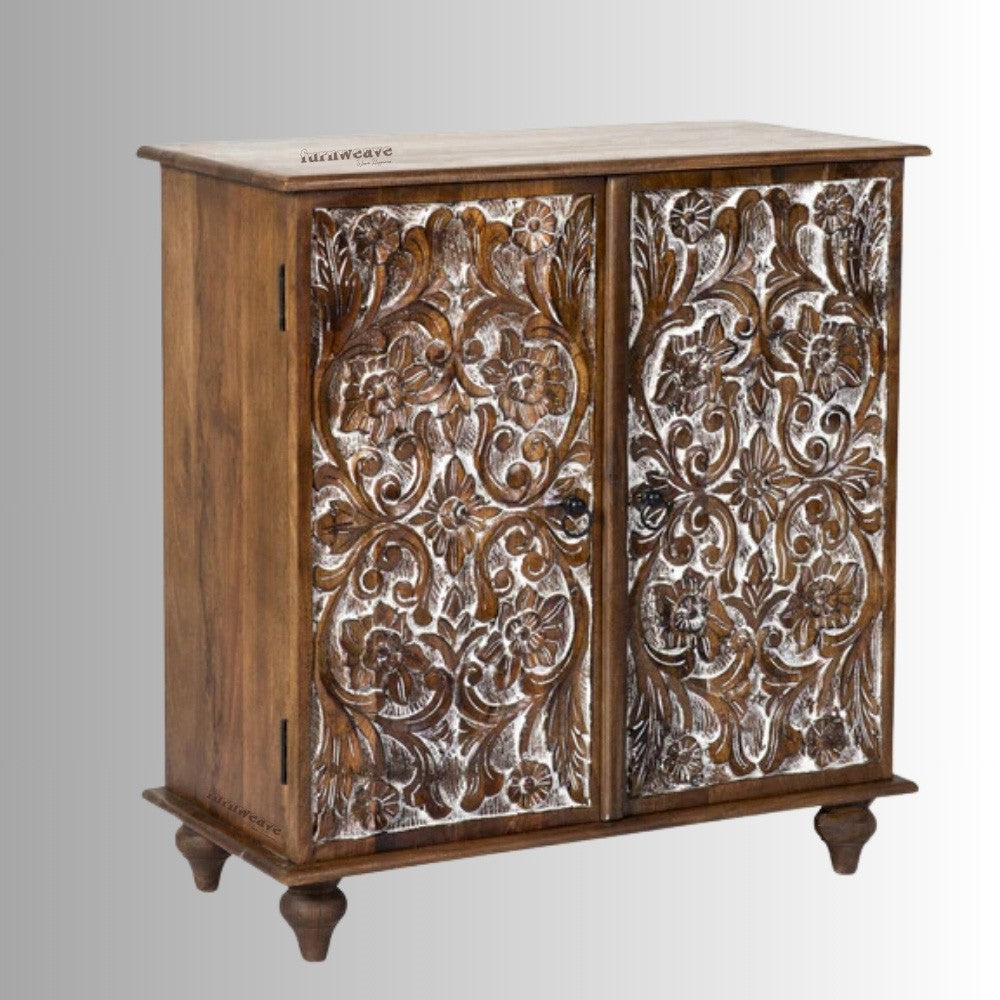 Riwaz Wooden Carved Two Door Cabinet (Brown Distress)