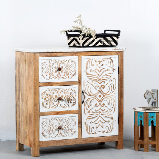 Jika Wooden Carved Cabinet (White Distress)