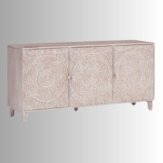 Kherka Wooden Carved Sideboard (Off White Distress)