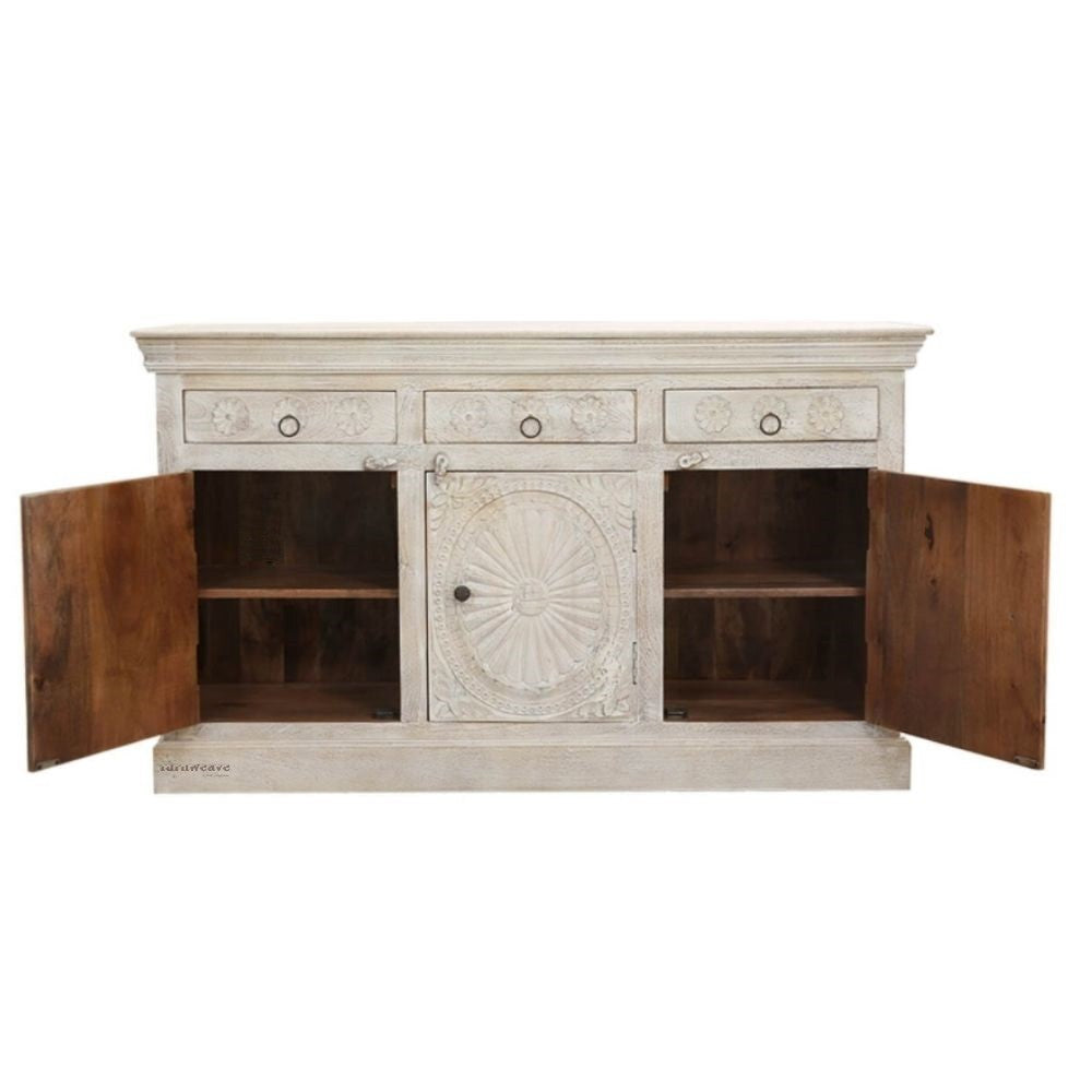 Shefi Wooden Carved Distress Sideboard (White Distress)