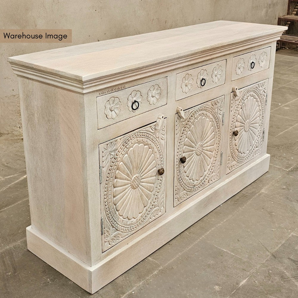 Shefi Wooden Carved Distress Sideboard (White Distress)