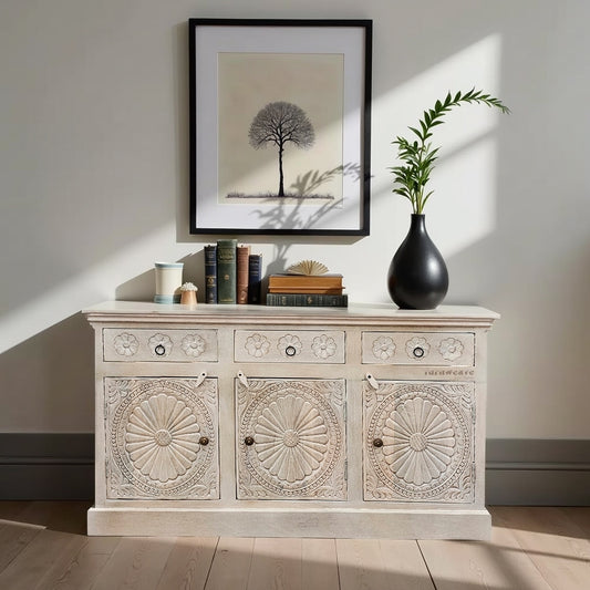 Shefi Wooden Carved Distress Sideboard (White Distress)