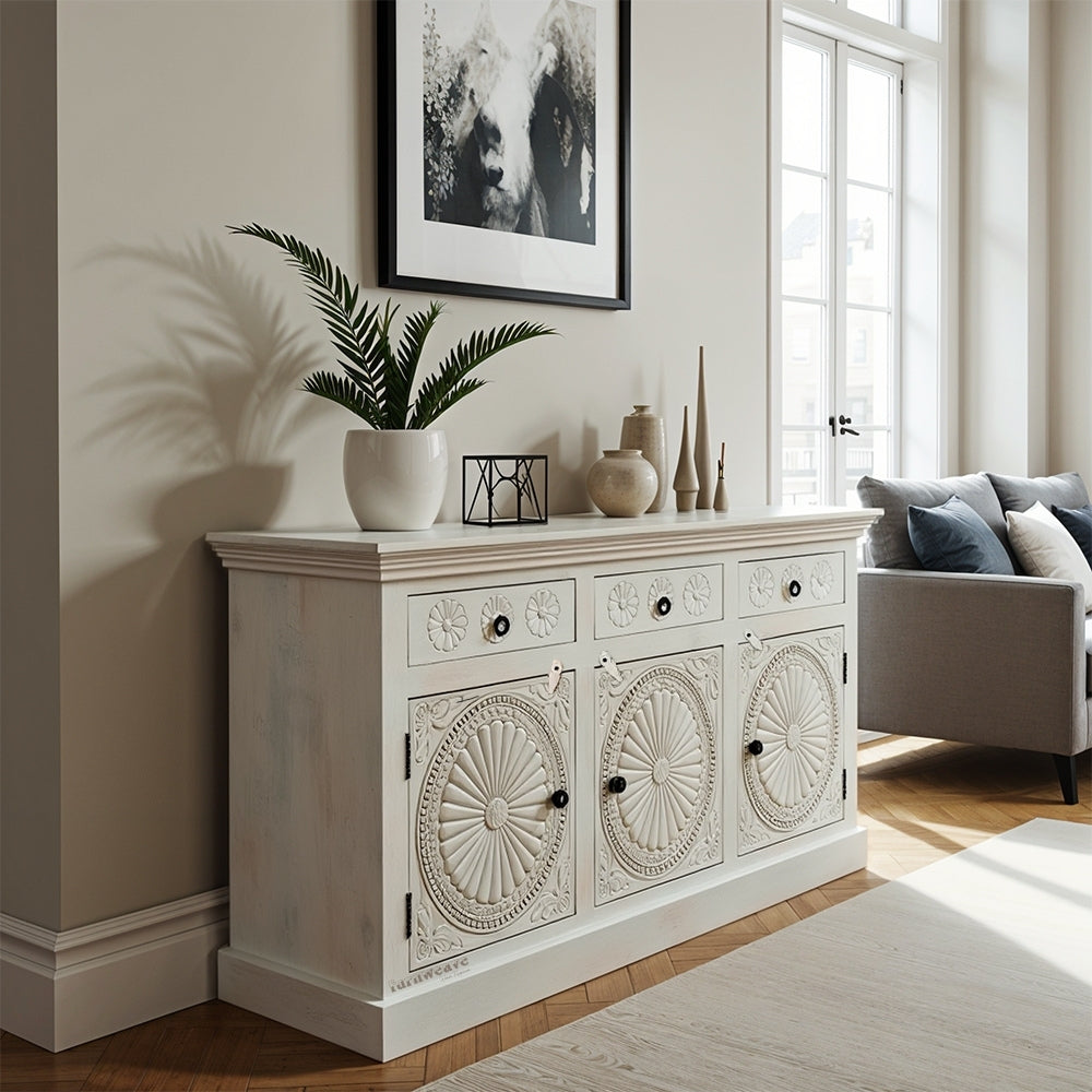 Shefi Wooden Carved Distress Sideboard (White Distress)