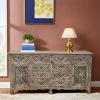 Aiska Wooden Carved Storage Sideboard with drawers (Grey Distress)