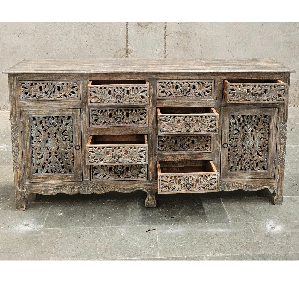 Aiska Wooden Carved Storage Sideboard with drawers (Grey Distress)