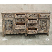 Aiska Wooden Carved Storage Sideboard with drawers (Grey Distress)