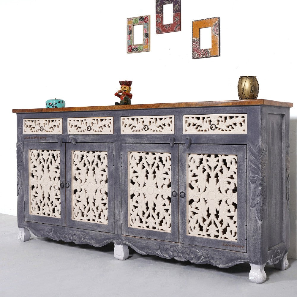 Atena Wooden Carved Sideboard Storage (Grey Antique)