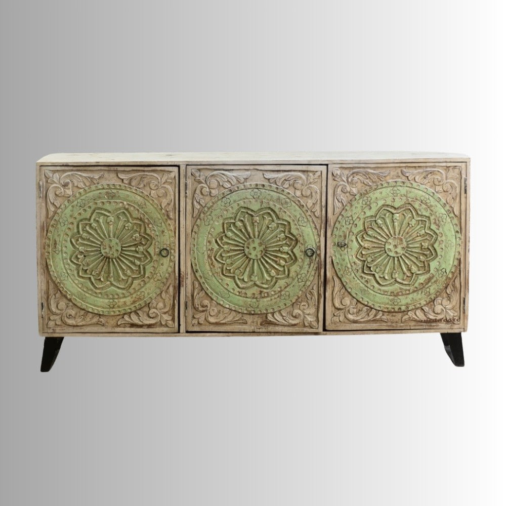 Ashra Wooden Carved Sideboard for Storage(Brown Green Distress)