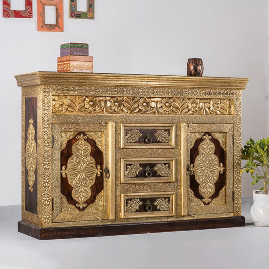 Hunika Wooden Brass Fitted Sideboard for Storage (Teak)