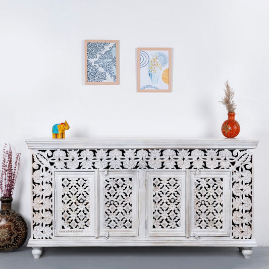 Eistha Wooden Carved Sideboard (White Distress)