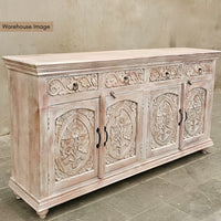 Alaan Wooden Carved Antique Storage Sideboard (Rustic White)