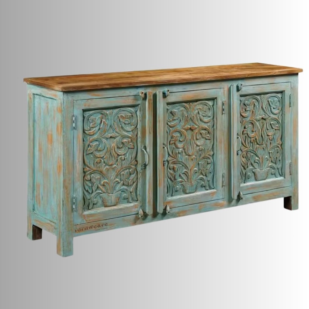 Phika Wooden Carved Sideboard (Light Blue Distress)