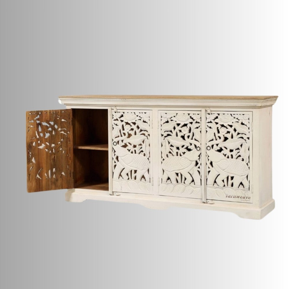 Sevena Wooden Carved Sideboard (Off White Distress)