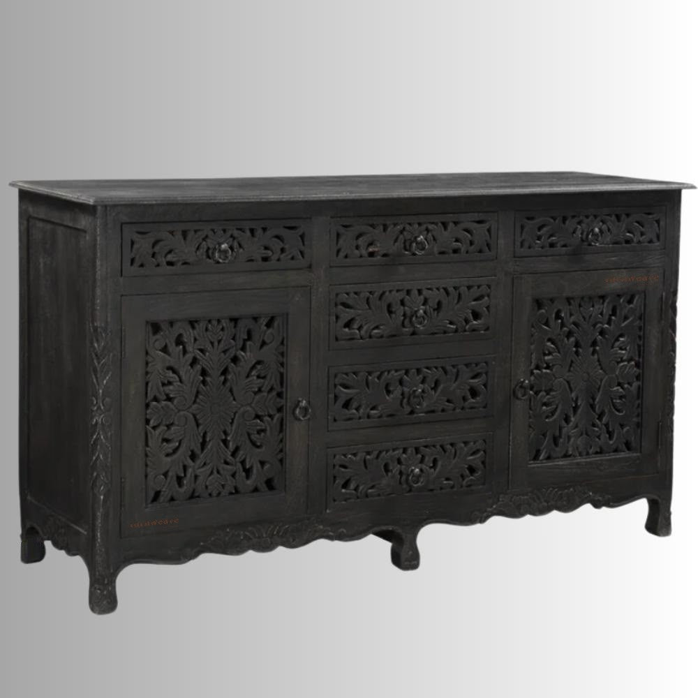 Ativia Wooden Carved Storage Sideboard (Black Antique)