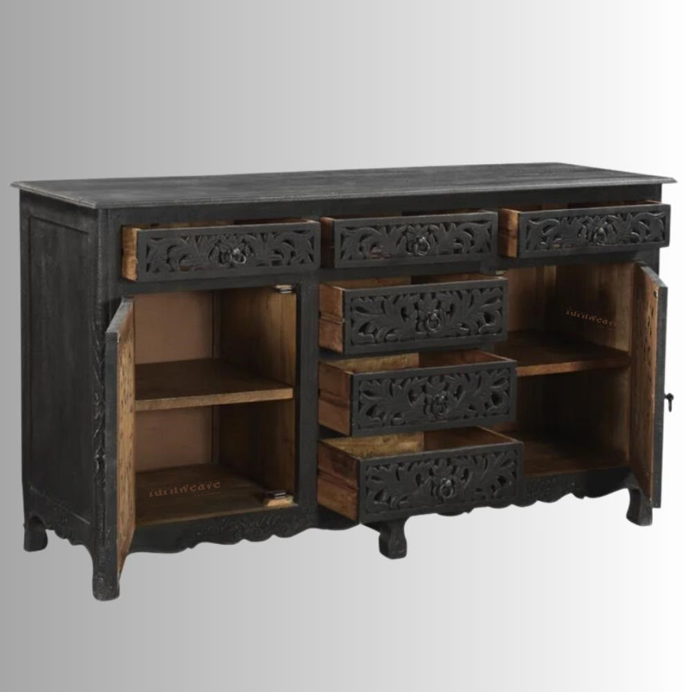 Ativia Wooden Carved Storage Sideboard (Black Antique)