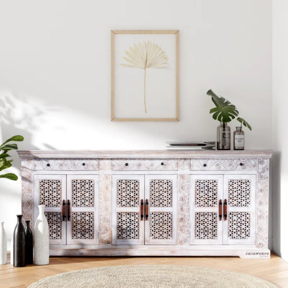 Efen Wooden Large Carved Sideboard (White Distress)