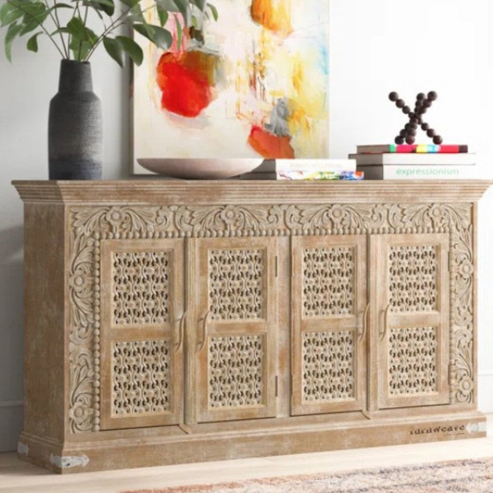 Pivalo Wooden Carved Sideboard for Storage (Brown White Distress)