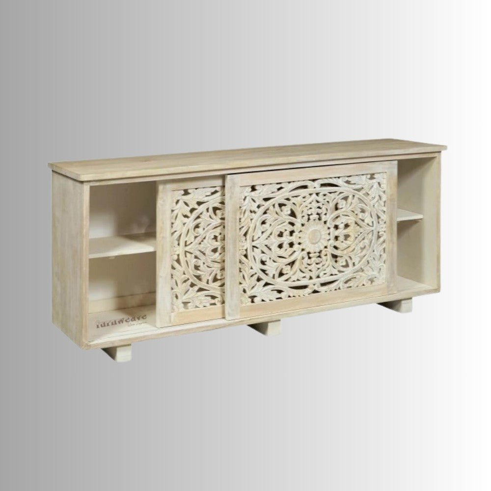 Sliding Wooden Distress Finish Sideboard Cabinet (White Distress)