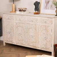 Rakina Wooden Carved Storage Sideboard (Cream Distress )