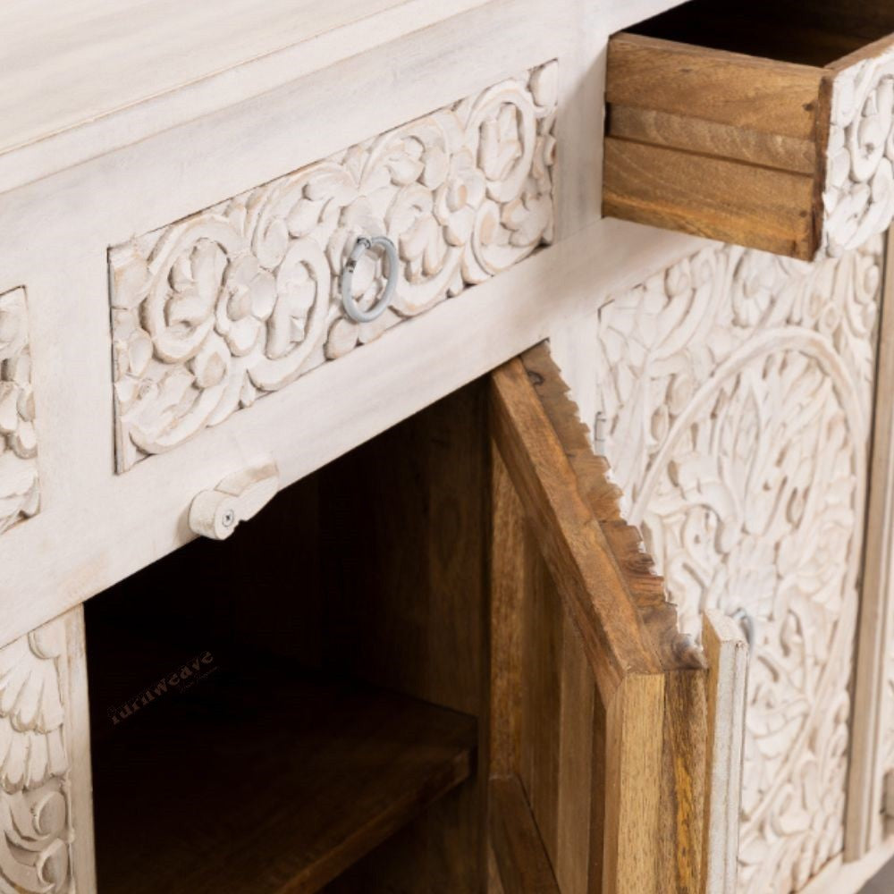 Rakina Wooden Carved Storage Sideboard (Cream Distress )