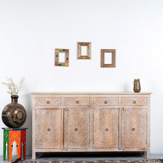 Rakina Wooden Carved Storage Sideboard ( Natural Distress)