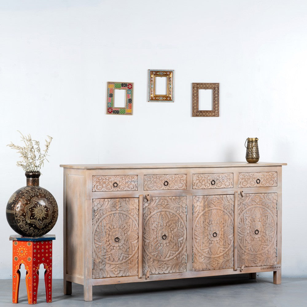 Rakina Wooden Carved Storage Sideboard ( Natural Distress)