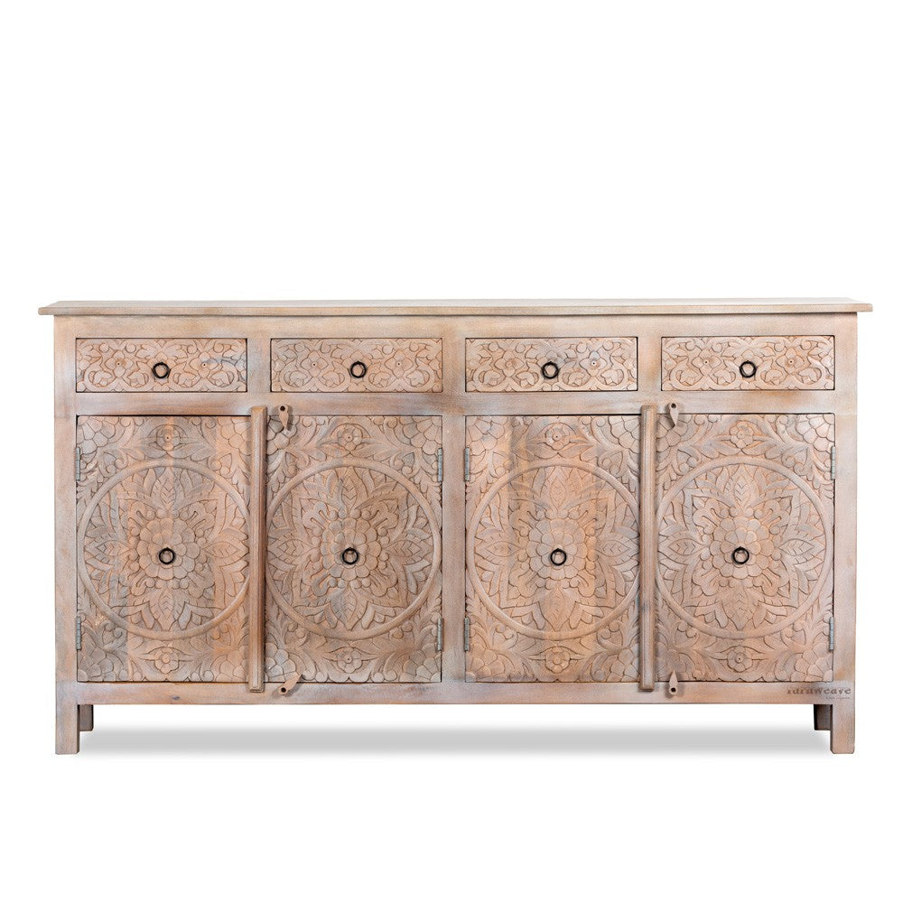 Rakina Wooden Carved Storage Sideboard ( Natural Distress)