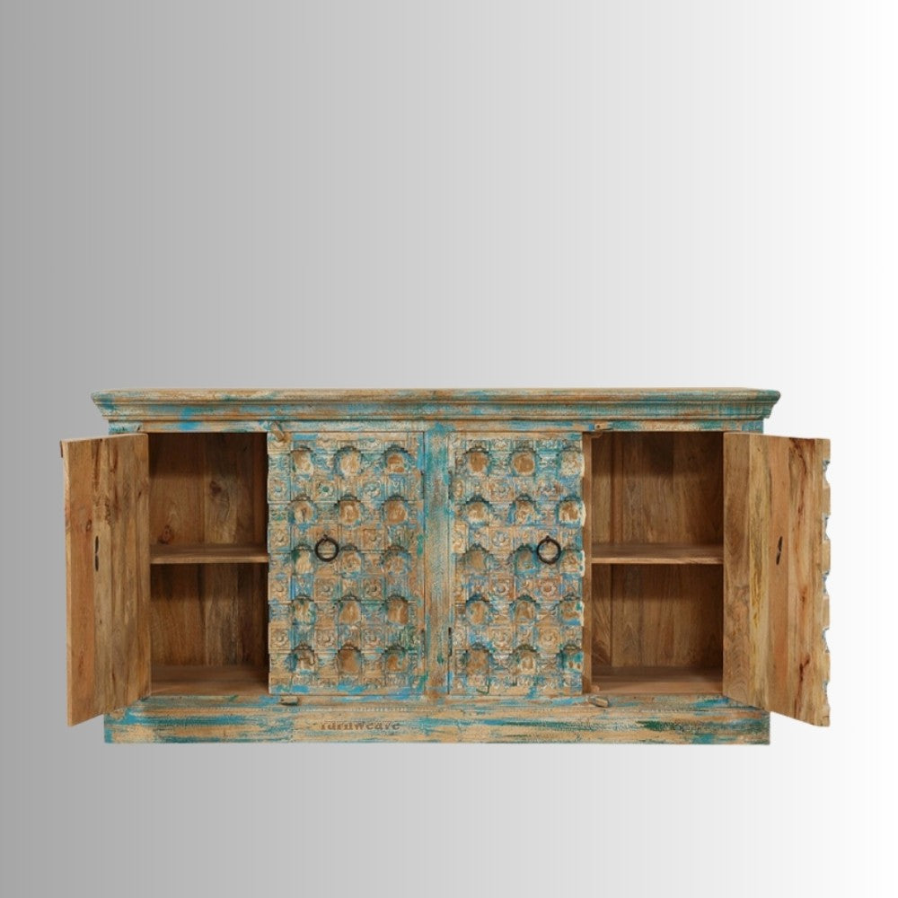 Tivink Wooden Carved Rustic Finish Sideboard (Blue Distress)