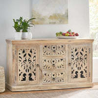 Une Wooden Carved Storage Cabinet Sideboard (White Distress)