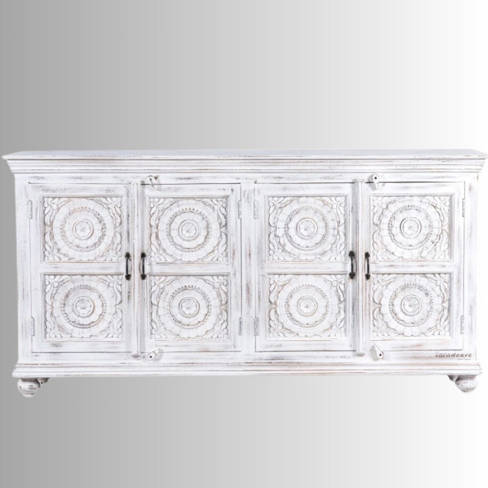 Rifo Wooden Designer Antique Carved Sideboard (White Distress)