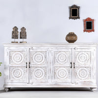 Rifo Wooden Designer Antique Carved Sideboard (White Distress)