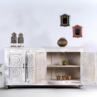 Rifo Wooden Designer Antique Carved Sideboard (White Distress)