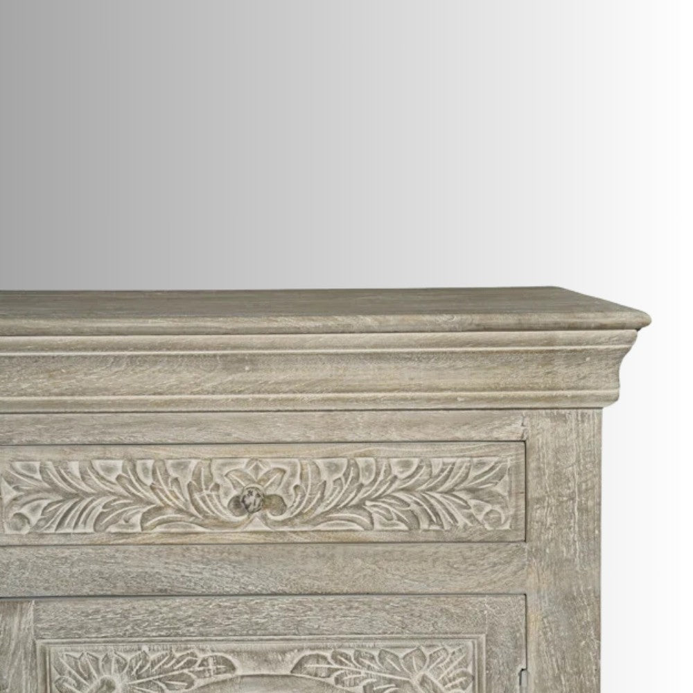 Jeen Wooden Carved Sideboard (Light Grey Distress)