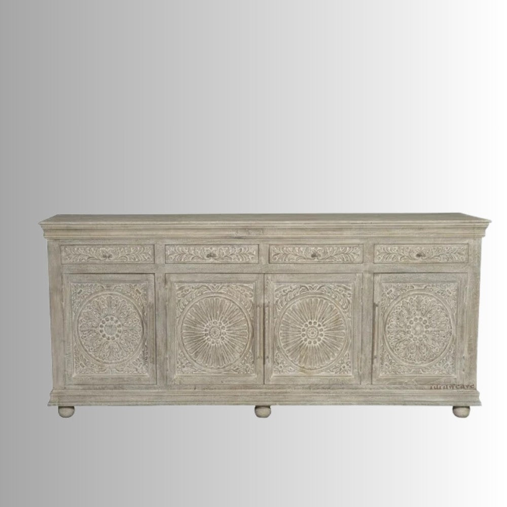 Jeen Wooden Carved Sideboard (Light Grey Distress)