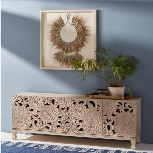 Lotus Wooden Carved Large Cabinet | Buy Wooden Cabinet Online In India | Buy Wooden Carved Furniture Online in India | Solid Wood Furniture | Furnweave