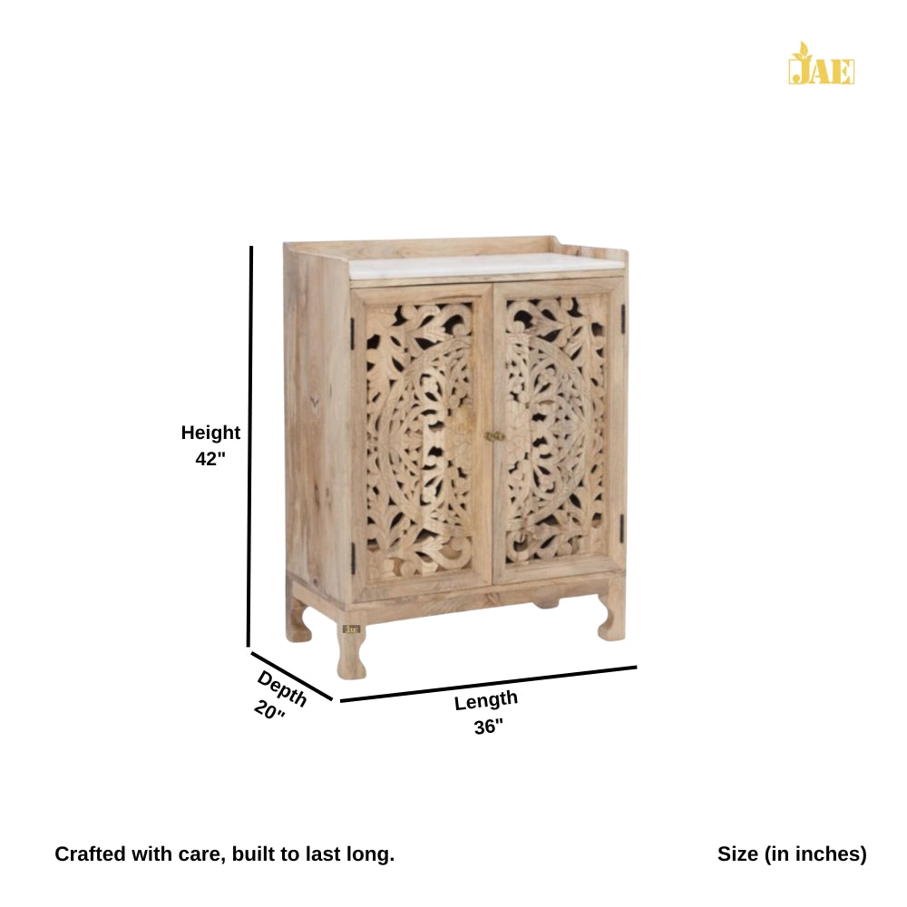 Suyas Wooden Carved Bar Cabinet with Marble Top (Natural)