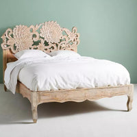 Lotus Wooden Carved Bed without storage (Natural White Combination)